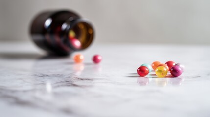 Colorful Pills Scattered on Marble Surface with Blurred Medicine Bottle in Close-Up