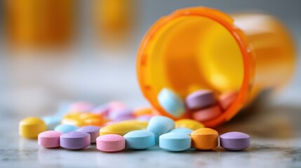 Colorful Pills Scattered on Marble Surface with Blurred Medicine Bottle in Close-Up