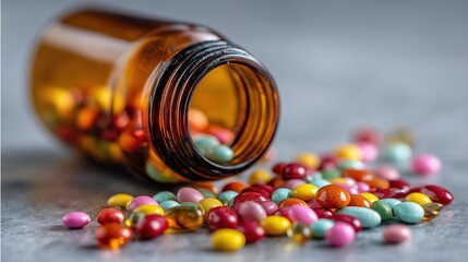 Colorful Pills Scattered on Marble Surface with Blurred Medicine Bottle in Close-Up