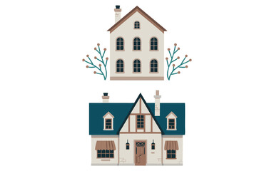 Fototapeta premium Two Illustrated Houses, One with Arched Windows and One with Blue Roof