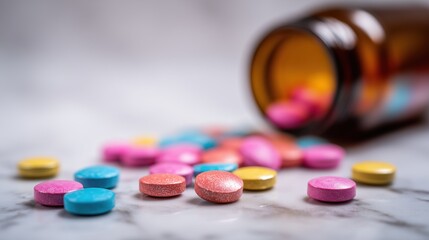 Colorful Pills Scattered on Marble Surface with Blurred Medicine Bottle in Close-Up