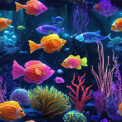 Neon Aquarium 3D Composition: Scientific Visualization Style