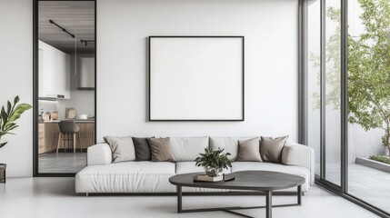 Fototapeta premium Modern living room interior with a white couch, blank framed art, and open kitchen