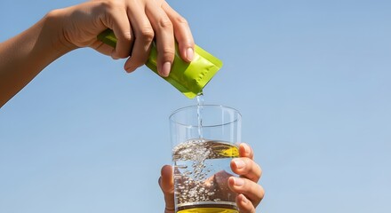 Person pouring electrolyte powder from a green packet into a glass of water, Hydration with Electrolytes in Glass Against a Blue Sky