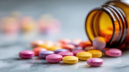 Colorful Pills Scattered on Marble Surface with Blurred Medicine Bottle in Close-Up