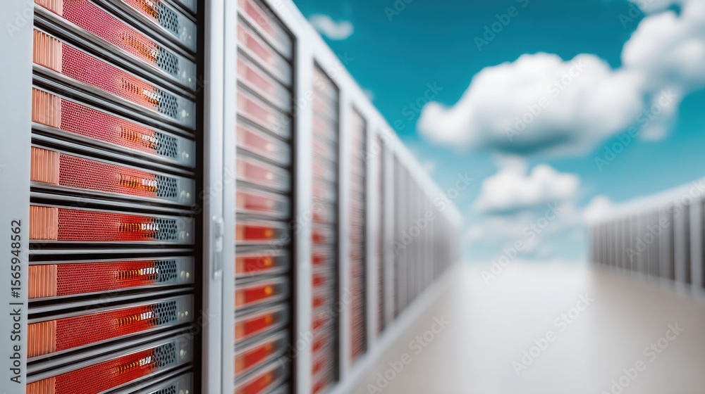 Poster High-performance storage array server racks in sleek data center with vibrant lighting, showcasing scalable IT infrastructure and cutting-edge digital network technology