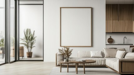 Contemporary living room with blank frame over couch, bright, minimalist aesthetic