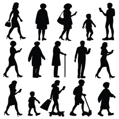 Various people silhouettes depicting a range of ages and activities like walking, using devices, and skateboarding in vector format.