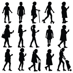 Diverse group of women in silhouette, showcasing various activities such as walking, using phones, rollerskating, and pushing strollers.