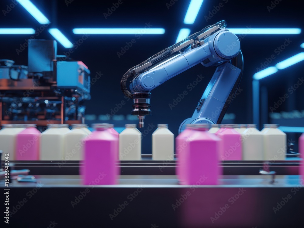 Poster Modern Programmable Robot Arm in Automated Packaging Line Premium Industrial Tech Efficiency for Professional Manufacturing and Marketing Content