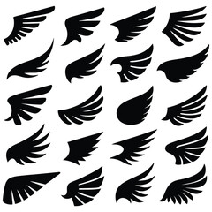 Black winged angel icons showcase a variety of different shaped feathered vector designs for spiritual or design applications.