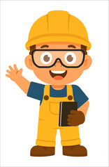 Cute Construction Worker Boy Holding Clipboard and Waving – Vector Cartoon