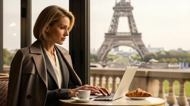Businesswoman working on a laptop in a Parisian cafe with Eiffel Tower view.