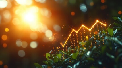 Financial growth graph depicted amidst lush foliage and golden sunlight