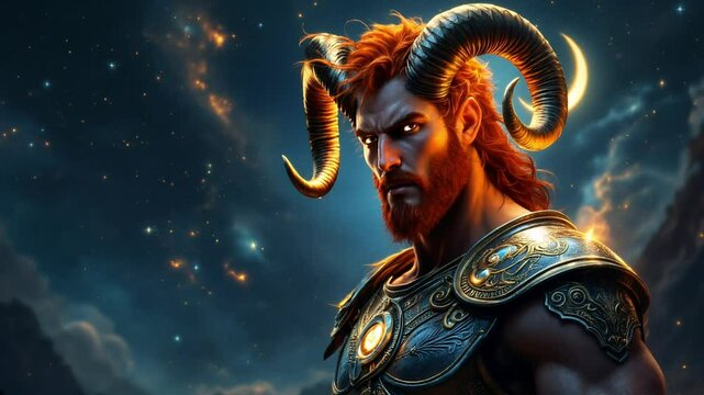 Powerful Warrior with Ram Horns Gazing at Starry Night Sky