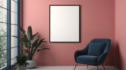 A cozy room with a blank framed poster, a plush chair, and vibrant houseplants