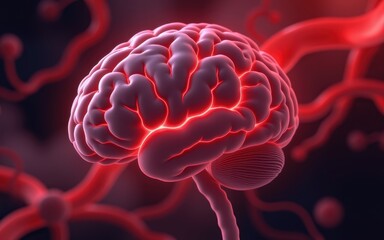 Obraz premium The concept of high blood pressure. Illuminated brain with red veins on a dark background.