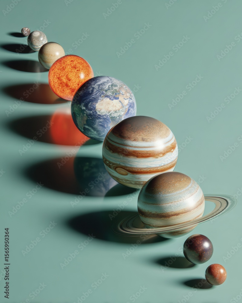 Poster Detailed Solar System Planet Alignment in Diagonal Line with Rings and Moons on Soft Background for Science Education and Cosmic Discovery