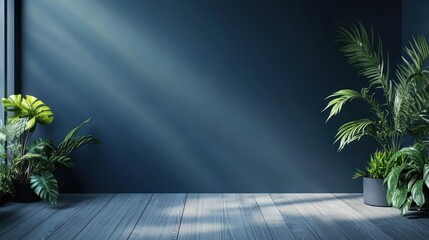 Blue wall with sunlight shining, surrounded by leafy potted green plants on wood floor