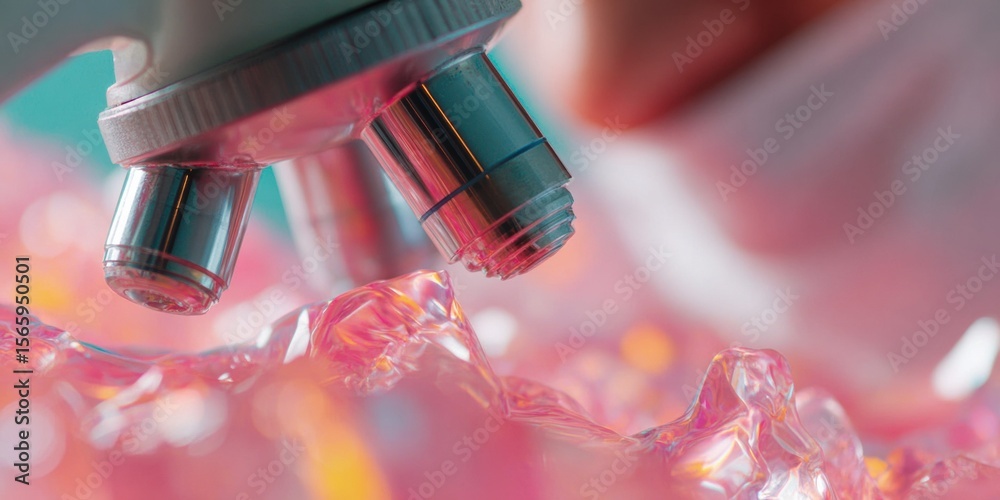 Poster premium medical laboratory microscope close-up with modern genetic data display authentic science re