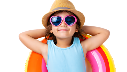 Summer Fun Child Relaxing by Pool Float, Wearing Sunglasses and Hat