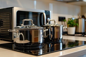 vibrant color picture of Close up of home appliances  Microwave  Kettle  Induction cooker