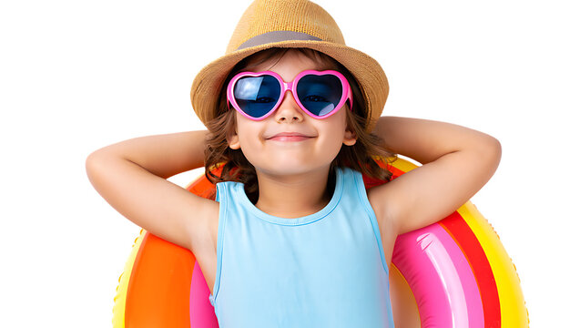 Summer Fun Child Relaxing by Pool Float, Wearing Sunglasses and Hat