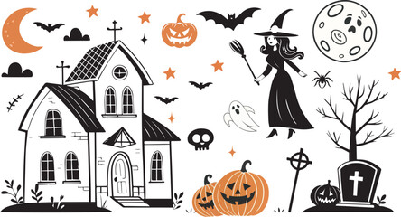 Spooky Halloween Collection with Haunted House and Witch