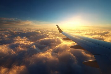 Obraz premium Stunning Sunset Aerial View from Airplane Window Over Clouds – Scenic Travel and Aviation Photography Perfect for Travel Blogs and Marketing