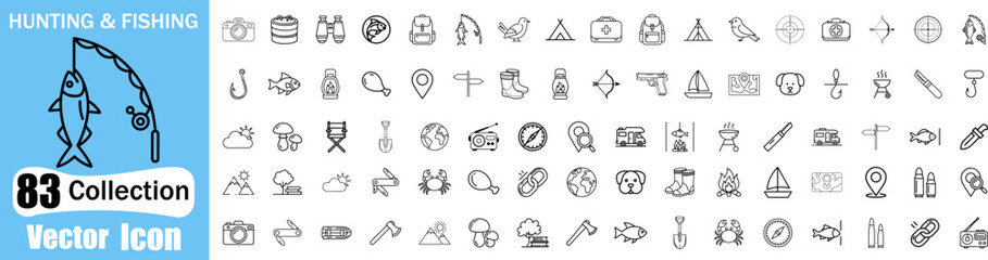 Hunting and fishing web icons are set in a thin line design. Pack of knife, mountain, trekking, binoculars, camping, pull fish, mushroom, forest, map, other outline stroke pictograms. Vector.