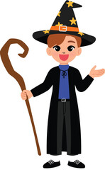 Obraz premium smile girl cartoon celebrate halloween festival and wear wizard costume cosplay and wizard hat, cute kid playing trick or treat with magic staff illustration