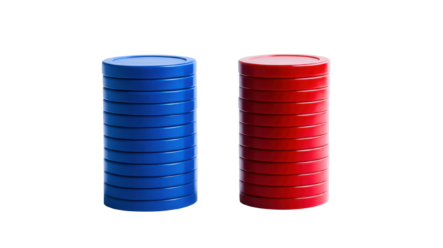 Stack of Blue and Red Poker Chips Gambling Game Elements Casino Tokens Betting Items Gaming Accessories Colorful Stack Strategy Play Risk Entertainment Recreation Concept Isolated on White Background