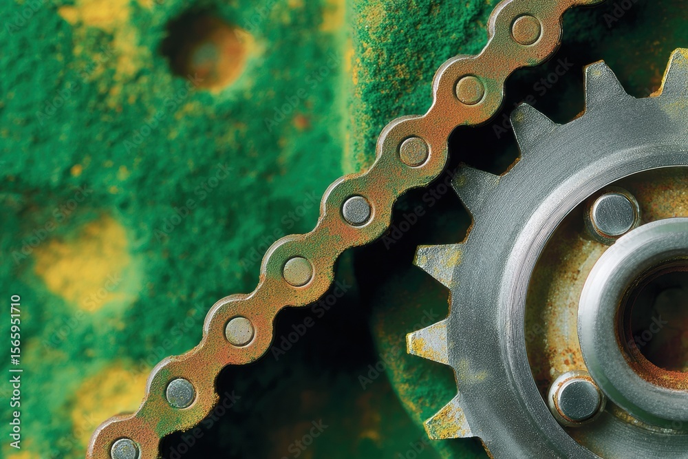 Poster close-up of diesel engine timing belt and gears showing mechanical precision for automotive industry