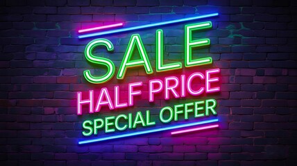 Fototapeta premium Neon sale half price special offer sign on dark brick wall