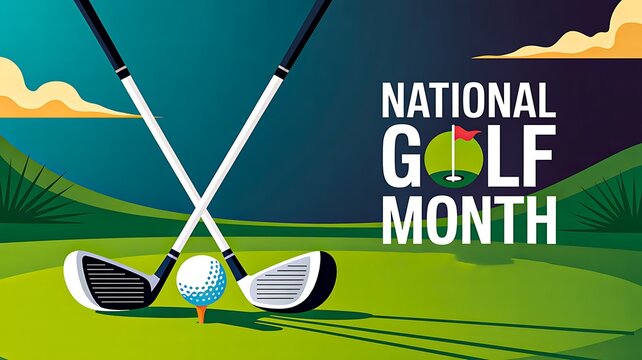 National golf month celebration with golf clubs and ball on green field

 - Powered by Adobe