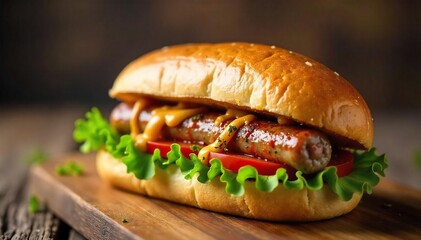 A classic sausage sandwich on a crusty roll, with visible juicy sausage meat and a hint of mustard Perfect for a quick and satisfying lunch or snack , street food, breakfast, snack