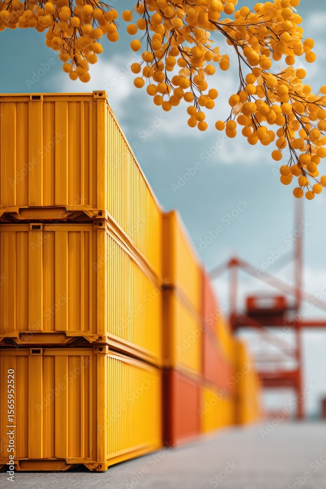 Poster Professional High-Quality Stacked Yellow Shipping Containers at Coastal Port with Loading Cranes Modern Logistics and Global Trade Marketing Content