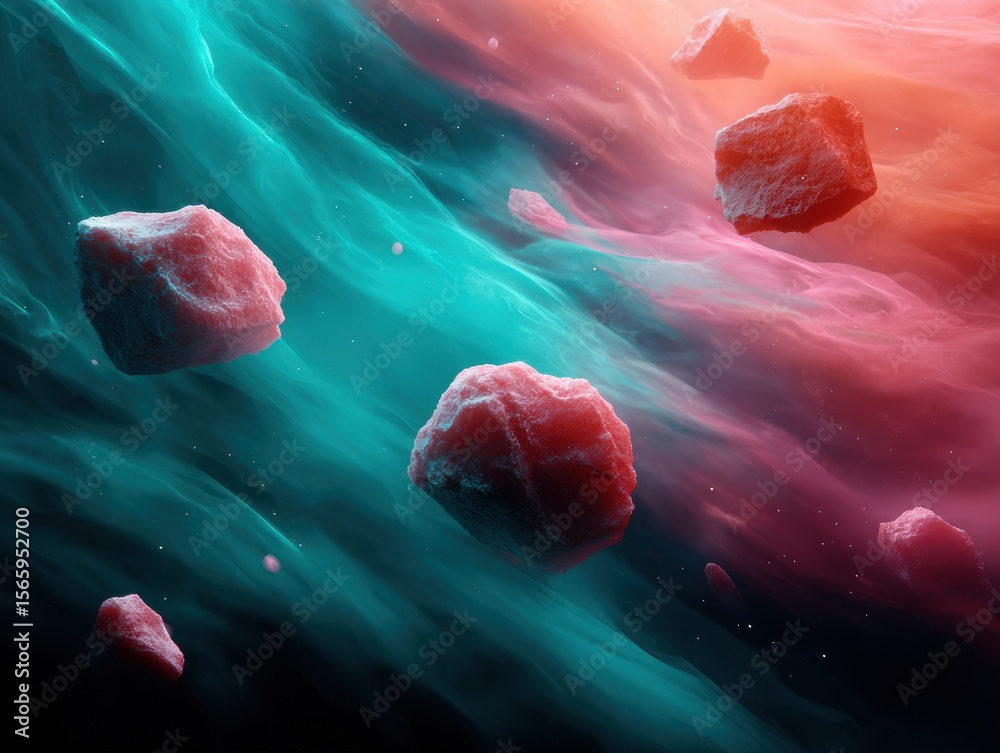Poster Dynamic cosmic asteroid fragments floating in vibrant nebula with trailing dust, symbolizing universal change and energy for science and event promotion