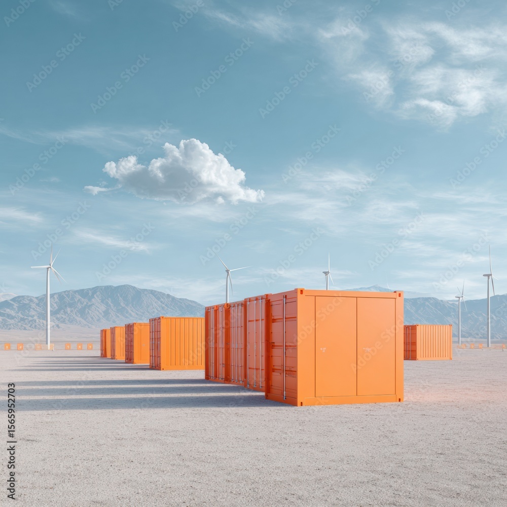 Aufkleber Renewable Energy Storage Array with Multiple Orange Battery Containers and Wind Turbines in Desert Landscape for Sustainable Power Solutions