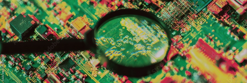 Poster modern high-quality malware prevention with magnifying glass on circuit board, vibrant cybersecurity