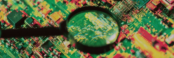 Modern high-quality malware prevention with magnifying glass on circuit board, vibrant cybersecurity analysis for tech marketing and professional digital campaigns