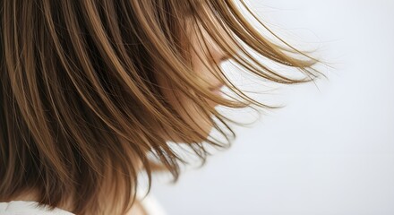 Naklejka premium 女性の髪、風になびく茶髪のボブヘア | ヘアケア製品広告、美容室のイメージ素材、女性のポートレート写真