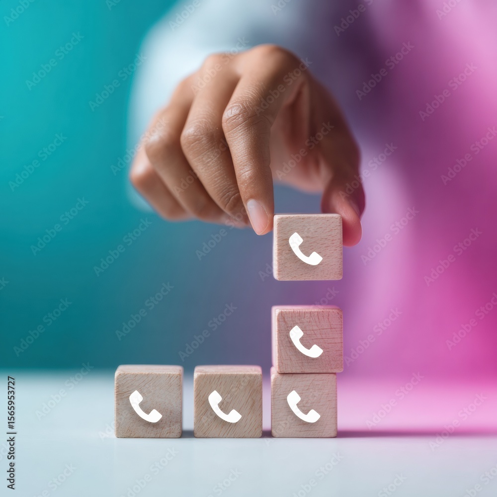 Poster Modern Emergency Contact Tree Concept with Wooden Blocks and Phone Icons Symbolizing Organized Communication and Rapid Information Flow in Workflows