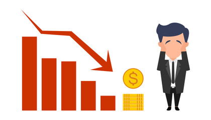 Vector illustration of a stressed businessman reacting to a downward financial chart, symbolizing economic loss, business failure, or financial anxiety.
