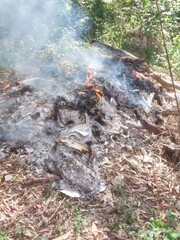 Sungai Petani, Kedah, Malaysia – July 5, 2025 – A pile of mixed trash burning in an open field surrounded by greenery. The fire is visibly intense, with flames and smoke rising from the rubbish pile. 