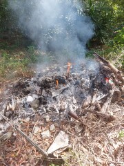 Sungai Petani, Kedah, Malaysia – July 5, 2025 – A pile of mixed trash burning in an open field...