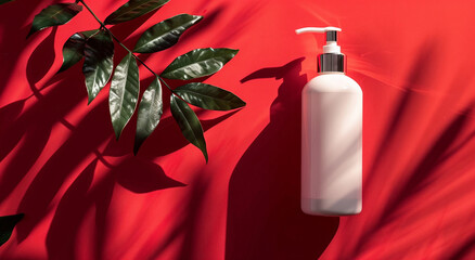 Elegant White Lotion Bottle with Natural Green Leaves on Bold Red Background