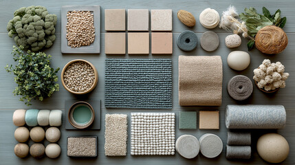 Flat lay Earthy beige blue tone Material interior mood board for stylish home decoration with ceramic tile, ceramic tableware, fabric