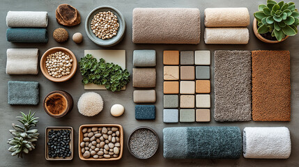 Flat lay Earthy tone Material interior mood board for stylish home decoration with ceramic tile, ceramic tableware, fabric, cactus