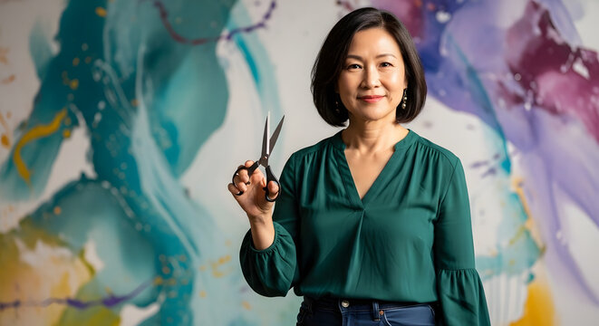 A smiling woman holding scissors, posing in front of colorful abstract art. - Powered by Adobe
